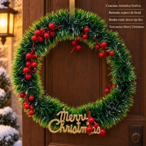 Coronita de Craciun cu beteala verde si text auriu Merry Christmas, 36cm - Img 2