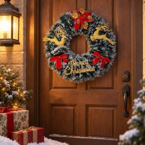 Coroniță decorativă de Crăciun cu reni aurii, fundițe roșii și inscripție Merry Christmas, 40x38 cm - Img 6