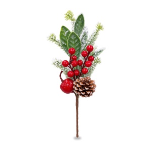 Crenguță decorativă cu con de pin, fructe roșii și efect de zăpadă, 30cm - Img 2