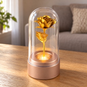 Cupola de sticla cu trandafir decorativ auriu, cu lumină și rotație, 15 x 7,5 cm - Img 3