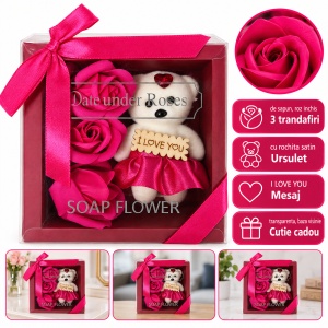 Decoratiune cadou cu 3 trandafiri din săpun și ursuleț I LOVE YOU, roz inchis, cu fundita, 20cm