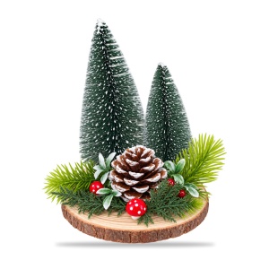 Decorațiune de Crăciun cu 2 brazi, con de pin și ciuperci, bază de lemn, 18 × 12,5 cm - Img 2