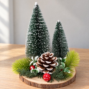 Decorațiune de Crăciun cu 2 brazi, con de pin și ciuperci, bază de lemn, 18 × 12,5 cm - Img 7