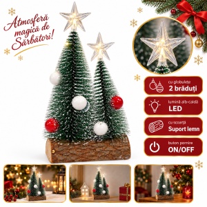 Decorațiune luminoasă de Crăciun cu 2 brăduți LED, suport lemn cu scoarță, buton ON/OFF, 29x14 cm