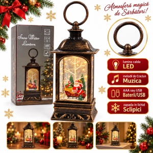 Felinar de Crăciun muzical cu lumini LED, model cu sania lui Mos Craciun, 23x10 cm - Img 2