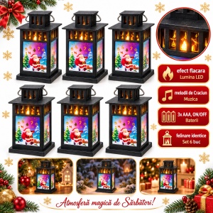 Felinar decorativ de Crăciun cu LED și muzică, din plastic, negru, set de 6 bucăți, 20x11 cm