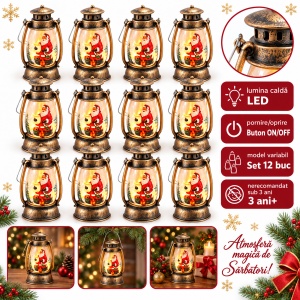 Felinar decorativ de Crăciun cu lumina LED, set de 12 bucati, din plastic, 13x6cm