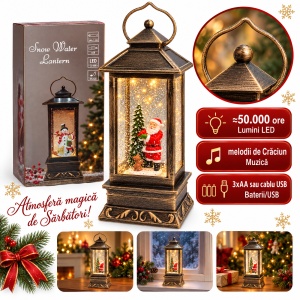 Felinar decorativ de Crăciun cu lumini LED și muzică, model cu Moș Crăciun, 28x10 cm - Img 2