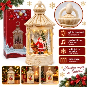 Felinar decorativ de Craciun cu Mos Craciun,cu lumini LED si muzica, crem, 23x9 cm