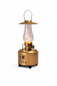Felinar LED vintage cu efect flacara realist, boxa wireless, USB si TF, decor ambient si camping, auriu