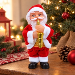 Figurină decorativă de Crăciun Moș Crăciun cu saxofon, pluș și plastic, 17 × 8 cm - Img 6