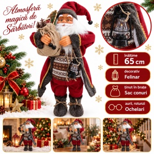 Figurină Moș Crăciun decorativ cu felinar și sac de conuri, 65 cm