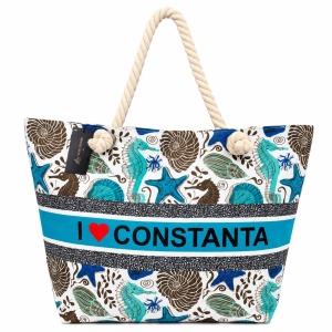 Geantă Mare de Plajă cu Design Marin – Model I Love Constanța cu Mânere din Sfoară