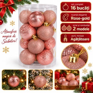 Globuri de Crăciun set 16 bucăți, rose-gold, diverse modele, plastic, 16x8 cm