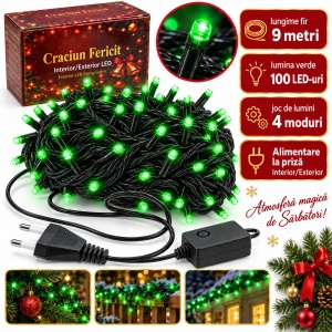 Instalatie de Craciun, 9 m, 100 LED-uri, lumina verde, 4 moduri, fir negru, Interior/Exterior