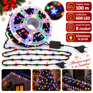 Instalație de Crăciun tip rolă, 100 m, 600 LED-uri multicolore, 8 moduri, fir negru - Img 4