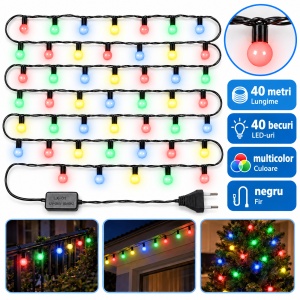 Instalație LED Tip liniară, 40 LED multicolor, model globulet, 4 m, fir negru