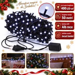 Instalatie LED tip Liniara, 50 m, 400 LED-uri Alb Rece, Fir Negru