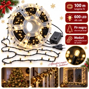 Instalație LED tip rolă, 100 m, 600 LED-uri, fir negru, LED alb cald