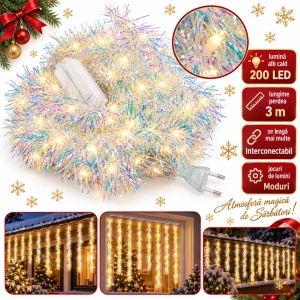 Instalație perdea cu beteală albă irizantă, 3 m, fir 1 m, 200 LED alb cald, interconectabilă - Img 5