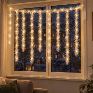 Instalație perdea cu beteală albă irizantă, 3 m, fir 1 m, 200 LED alb cald, interconectabilă - Img 9