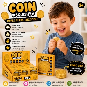 Jucărie Antistres Squishy Bănuț Auriu Jumbo – Moale și Senzorială, 3+ Ani