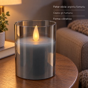 Lumânare decorativă în pahar de sticlă, argintiu fumuriu, ceară gri, 12x9cm - Img 2