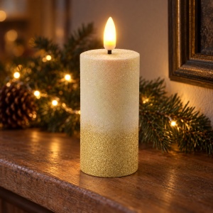 Lumânare LED decorativă cu flacără realista, sclipici auriu, plastic, 13.5x6cm - Img 4