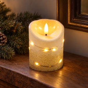 Lumânare LED decorativă, efect flacără realist, sclipici auriu, 9,5 cm - Img 3