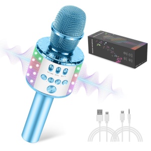 Microfon karaoke wireless cu boxa Bluetooth, lumini LED si efecte vocale, albastru