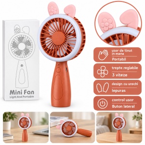 Mini ventilator de mână cu urechi de iepuraș, maro, 3 trepte de viteză - Img 2