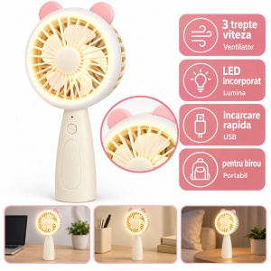 Mini ventilator portabil de mână, bej, cu lumină LED și 3 trepte de viteză - Img 2