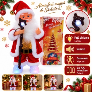 Moș Crăciun decorativ interactiv, cântă și dansează, cu lumini, 58 cm