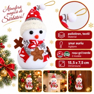 Ornament de Crăciun Om de Zăpadă, din Polistiren, Textil și Plastic, 15,5 cm
