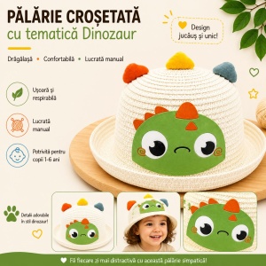 Palarie alba copii cu dinozaur verde, crosetata manual, bumbac - Img 2