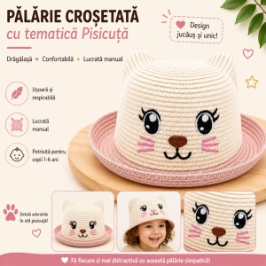 Palarie copii cu pisicuta roz, crosetata manual, bumbac, crem-roz - Img 2