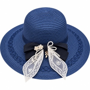 Pălărie de Plajă Albastră cu Boruri Largi, Fundă Neagră, Dantelă și Perle – Damă - Img 2