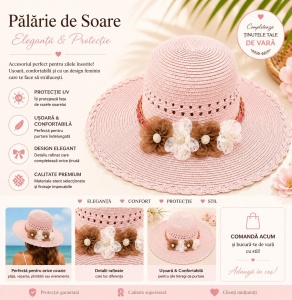 Palarie de Soare pentru Femei, Roz Pudrat, cu Floricele Decorative, Boruri Largi, Design Elegant - Img 2