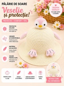 Palarie de Vara Crem pentru Copii, cu Design Pinguin si Protectie UV - Img 2