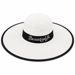 Palarie de vara dama alba cu banda neagra si protectie UV pentru plaja