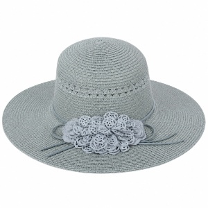 Palarie de Vara Eleganta pentru Femei, Gri Deschis cu Flori Decorative si Bor Lat