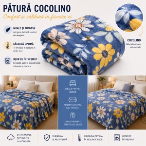 Patura Cocolino Pufoasa cu Model Floral si Albine, 200x220 cm, Albastru