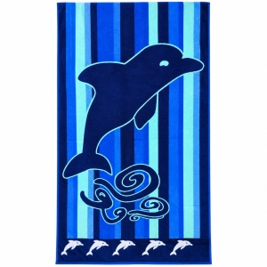 Prosop de Plajă cu Delfin, Design Albastru cu Dungi – pentru Plajă și Piscină - Img 2