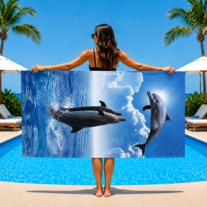 Prosop de Plajă cu Delfini și Peisaj Marin 70x140 cm – Microfibră Premium cu Uscare Rapidă - Img 2