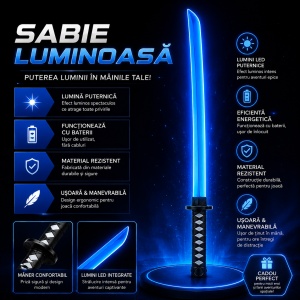 Sabie albastră cu teacă și lumini LED, 67 cm – sabie de jucărie din plastic pentru copii - Img 3