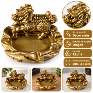 Scrumieră decorativă din rășină cu statuetă de dragon auriu, 11x9 cm