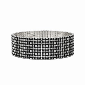 Set 12 bratari ROXE argintii elastice cu pietre negre elegante stralucitoare