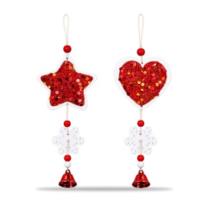 Set 12 decoratiuni Craciun, stea si inima cu sclipici, rosu cu clopotel, 33x11cm