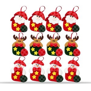 Set 12 decoratiuni de Craciun textile, Mos Craciun, ren si om de zapada, 14x9cm