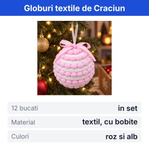 Set 12 globuri de Craciun textile, roz cu alb, cu snur pentru agatat, 34x24x7cm - Img 2